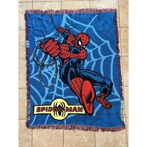 Vintage Spider-Man Woven Throw Blanket Marvel USA Made 52x41 Fringe
